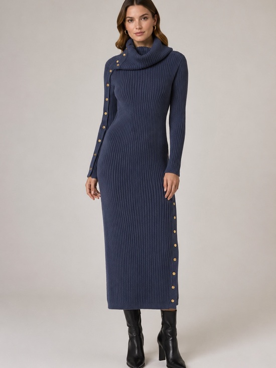 White House Black Market Dresses & Skirts - WHBM Long Sleeve Snap Detail Sweater Dress NWT Size Large True Indigo